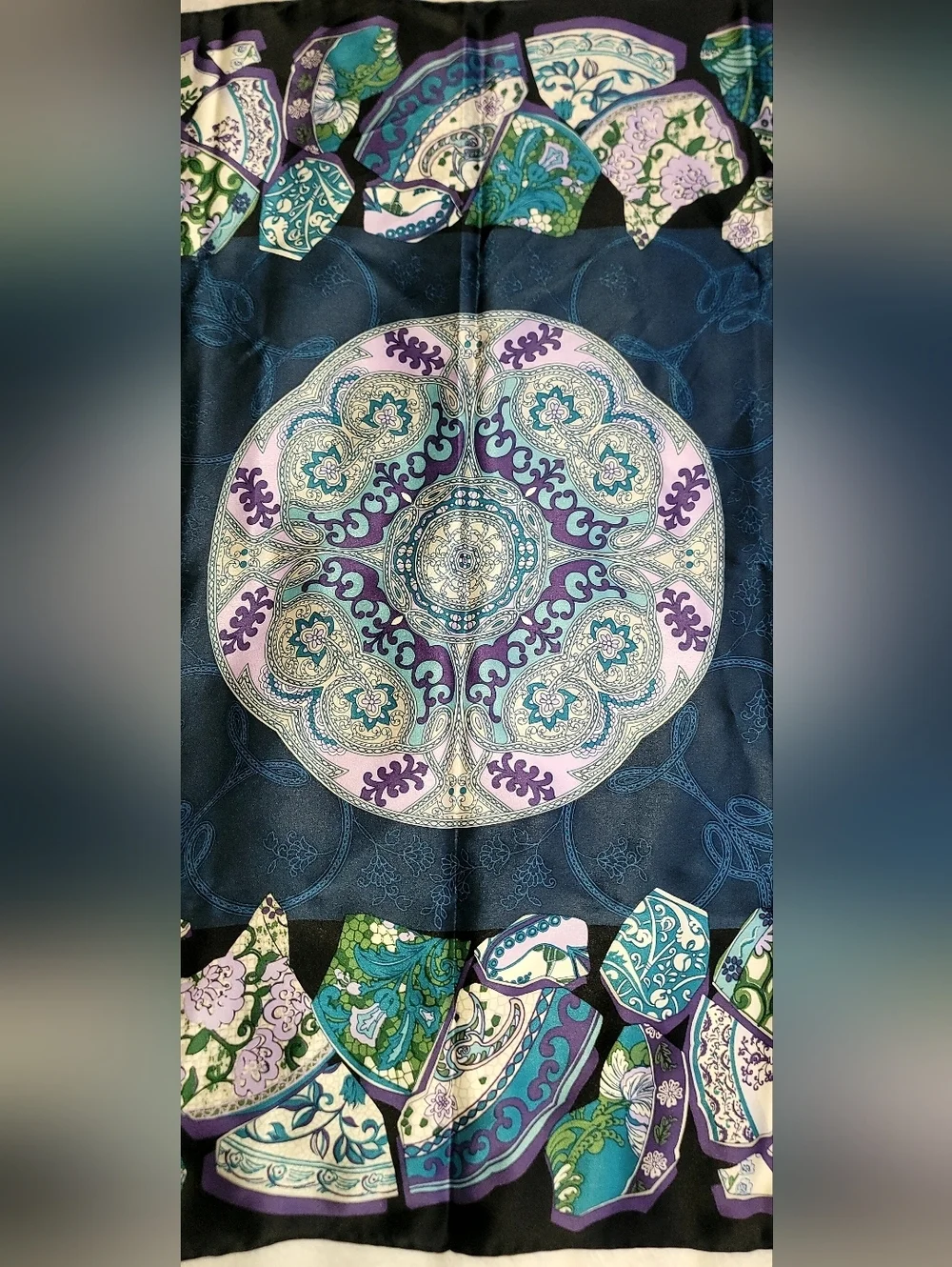 Vintage Chinese Pottery Print Blue Purple Hand Rolled Silk Scarf 26